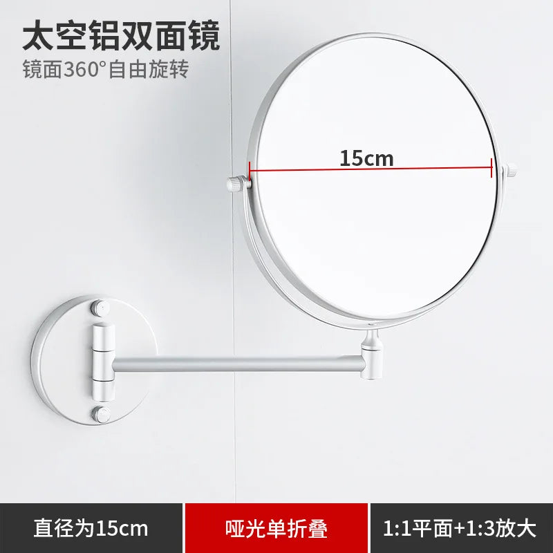 Folding double-sided wall mirror with 360-degree rotation and 15cm diameter, featuring telescopic arms.