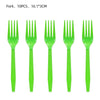 A set of ten bright green forks, measuring 16.1 by 3 cm.