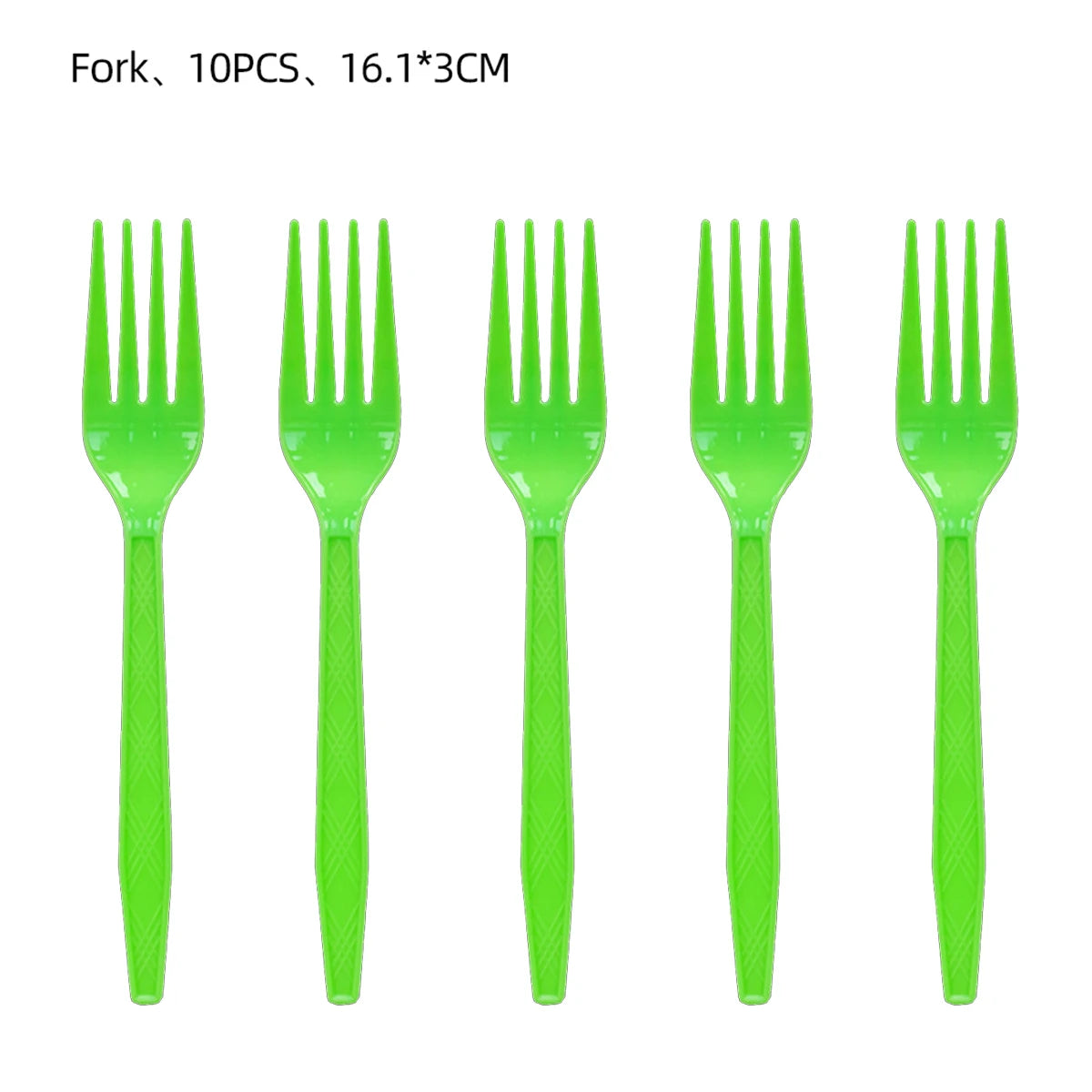 A set of ten bright green forks, measuring 16.1 by 3 cm.
