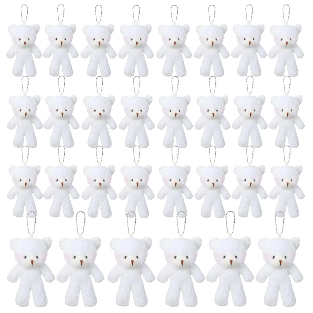 A set of white mini plush teddy bear keychains.