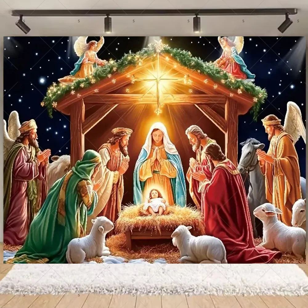 Starry Night Nativity Scene Backdrop for Christmas Celebrations