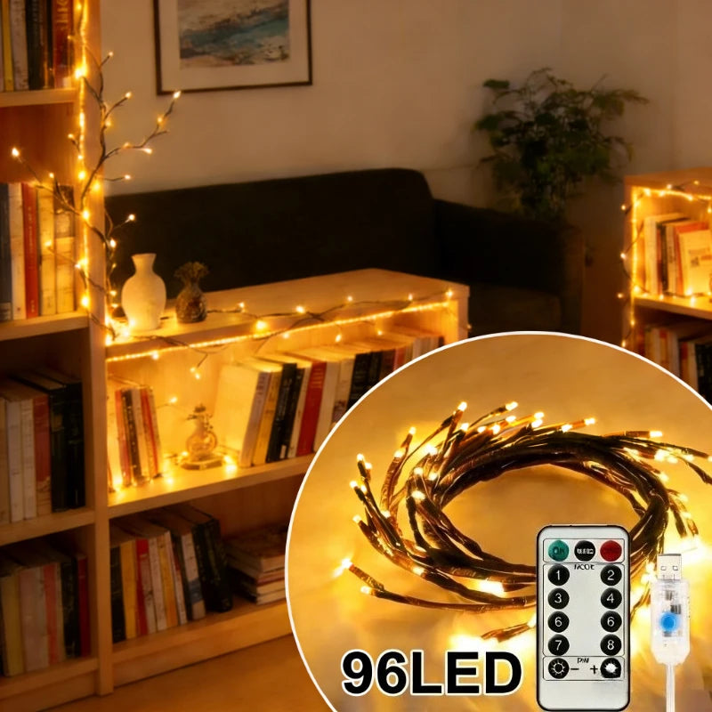 A close-up of flexible willow branch LED lights with a remote control and battery shown for home decor.