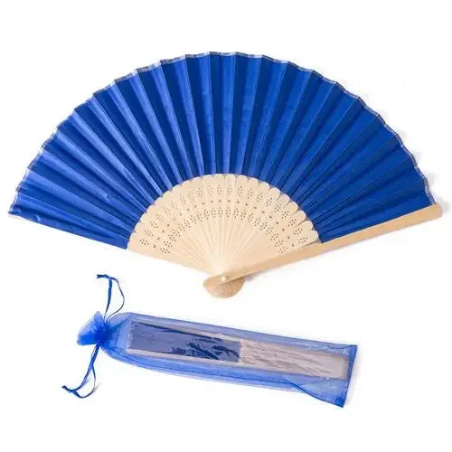 Blue silk wedding hand fans with a bamboo frame shown open and closed.