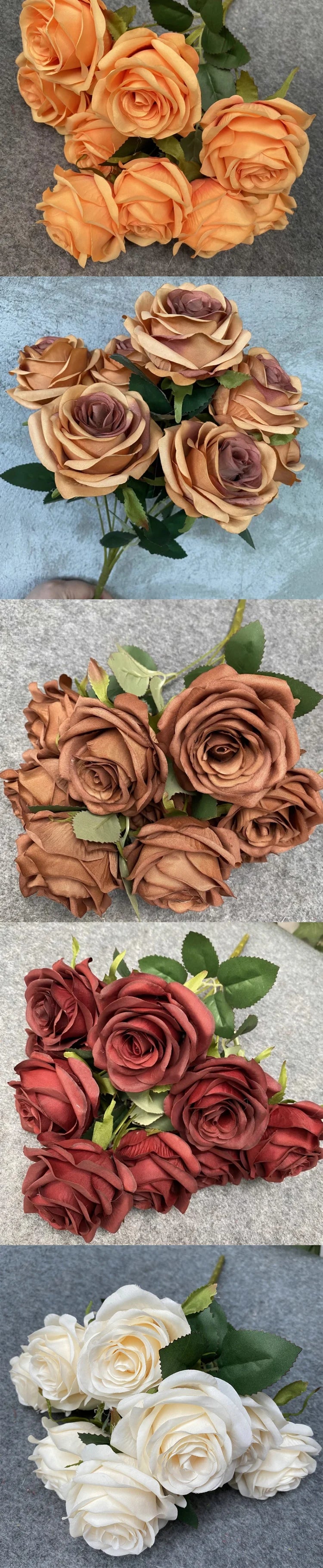 A collection of silk roses in various shades of orange, brown, and deep red, arranged as a bouquet.