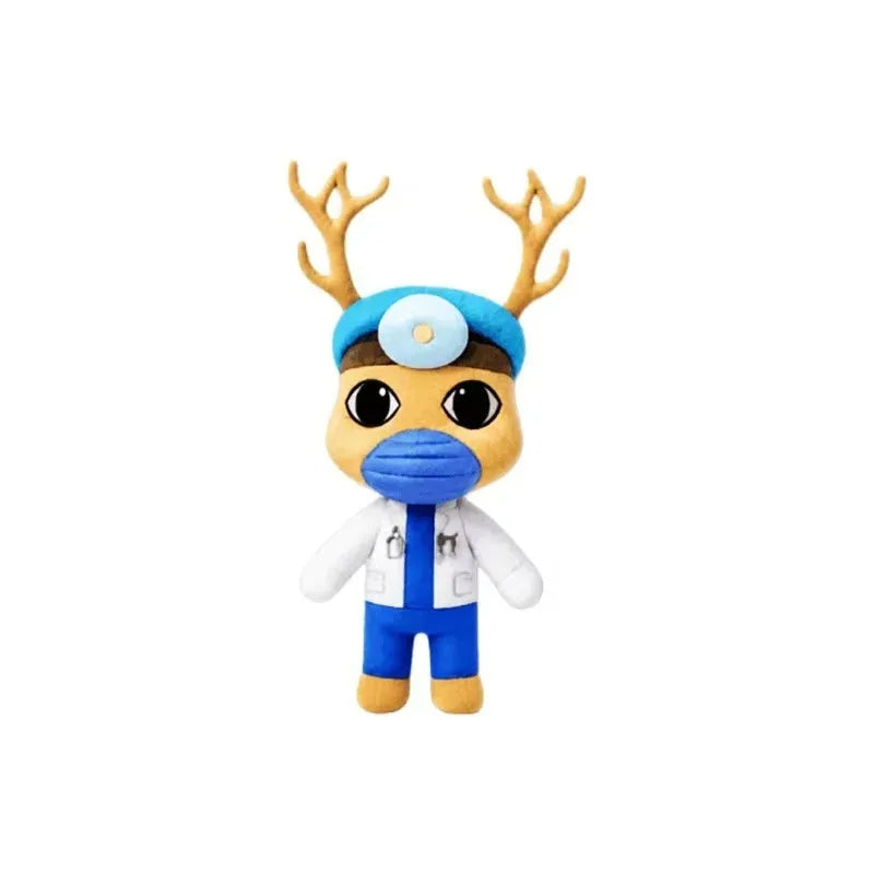 Blue dog plush toy with antlers and a doctor's coat