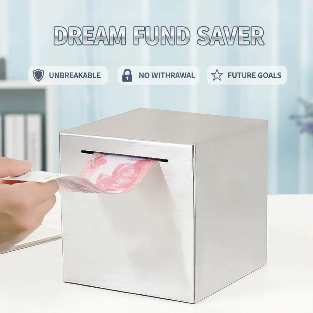 A silver stainless steel piggy bank labeled Dream Fund Saver with features like unbreakable and no withdrawal.