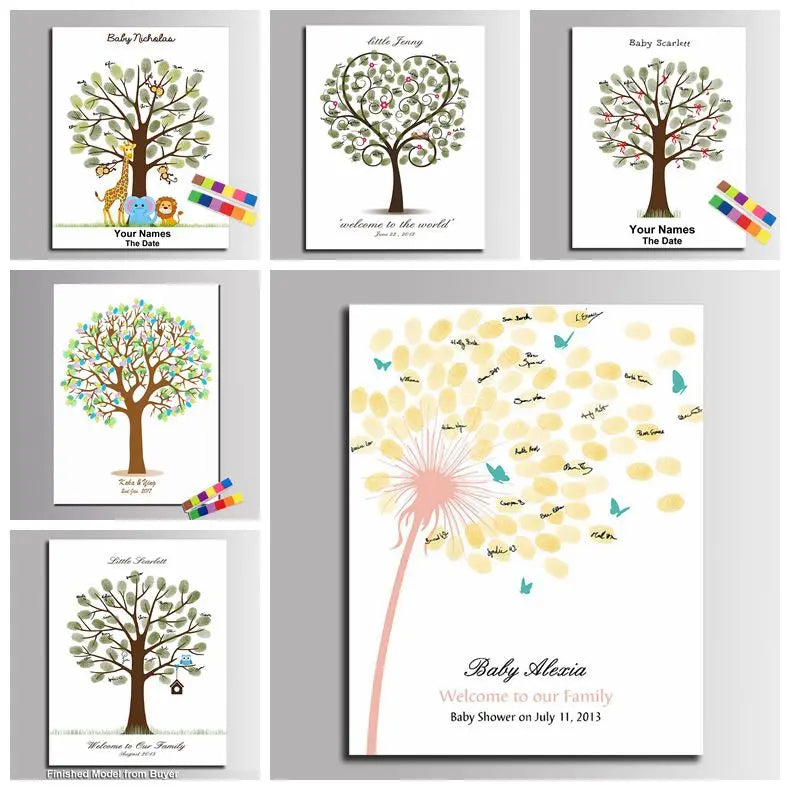 Collection de toiles arborées pour baby showers et livres d'or avec différents noms et dates