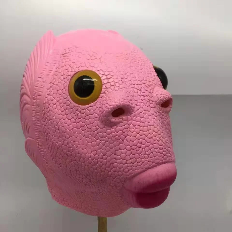 A pink, textured realistic horror animal mask with large black eyes and a snout.