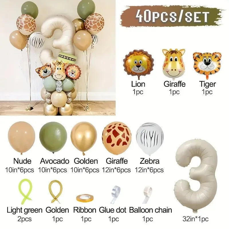 A set of 40 balloons including animal shapes, number balloons, and various colored balloons for a party