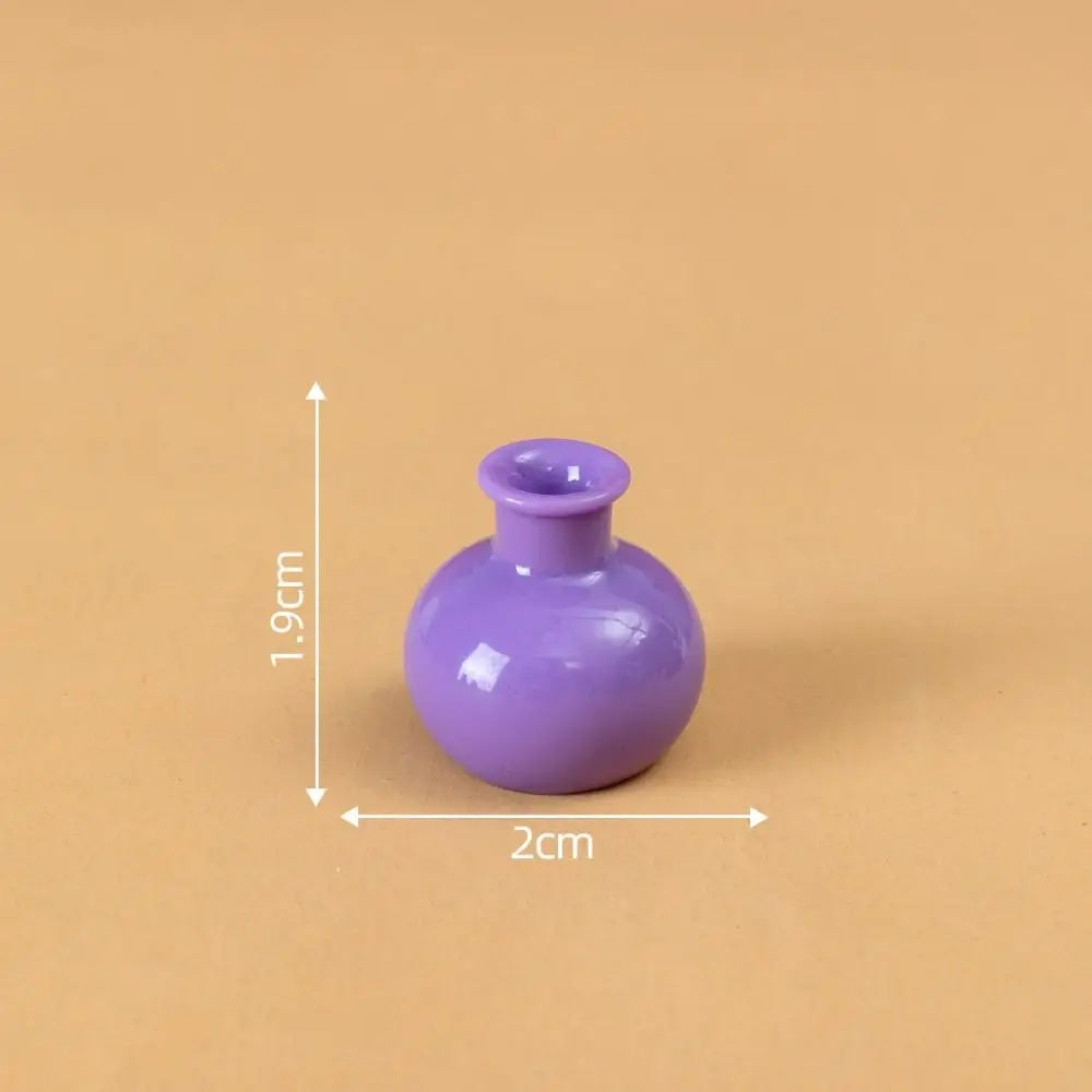 A small, round purple resin vase with a narrow neck is shown against a plain brown background.