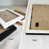 Front and back views of a natural wood picture frame with plexiglass for wall or desk display