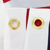 Close-up of a white flag banner with gold grommets against a red and blue background.
