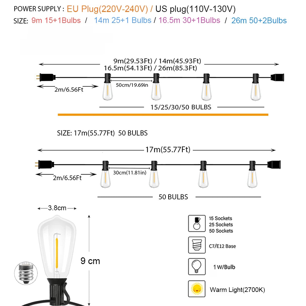 Various sizes of outdoor LED string lights featuring E12 bulbs and various configurations like 9m, 14m, and 16.5m lengths.