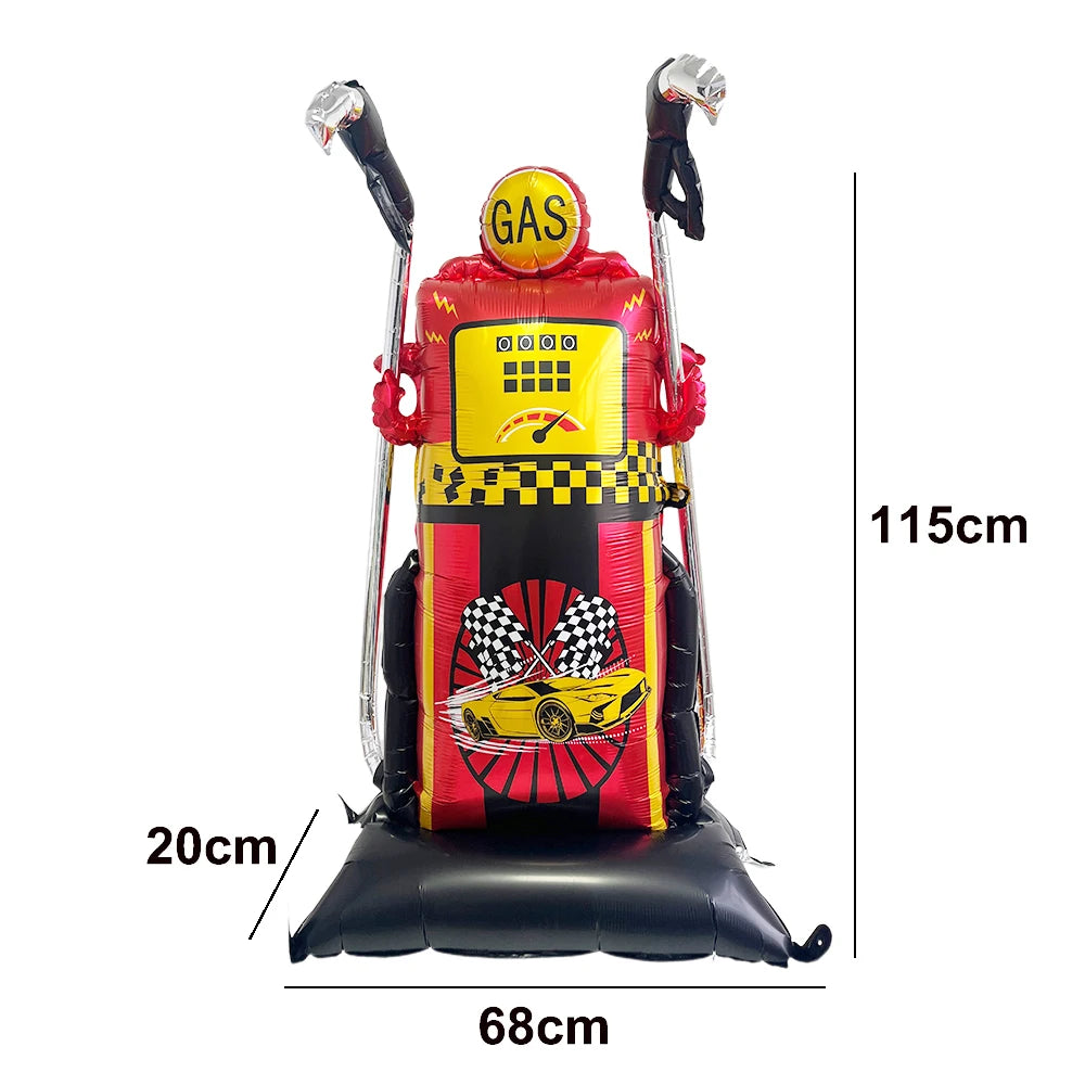 A red and black race car shaped balloon with a gas sign for birthday party decorations