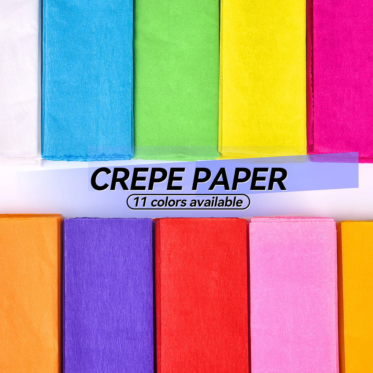 A display of eleven colored crepe paper sheets arranged in a row.