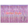 Three panels of iridescent pink and purple glitter foil fringe curtains for party backdrop decor