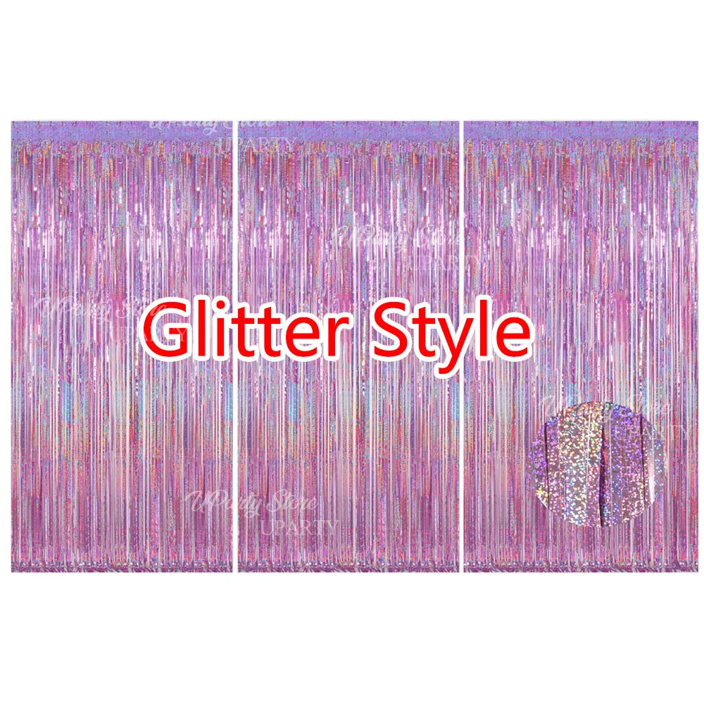 Three panels of iridescent pink and purple glitter foil fringe curtains for party backdrop decor