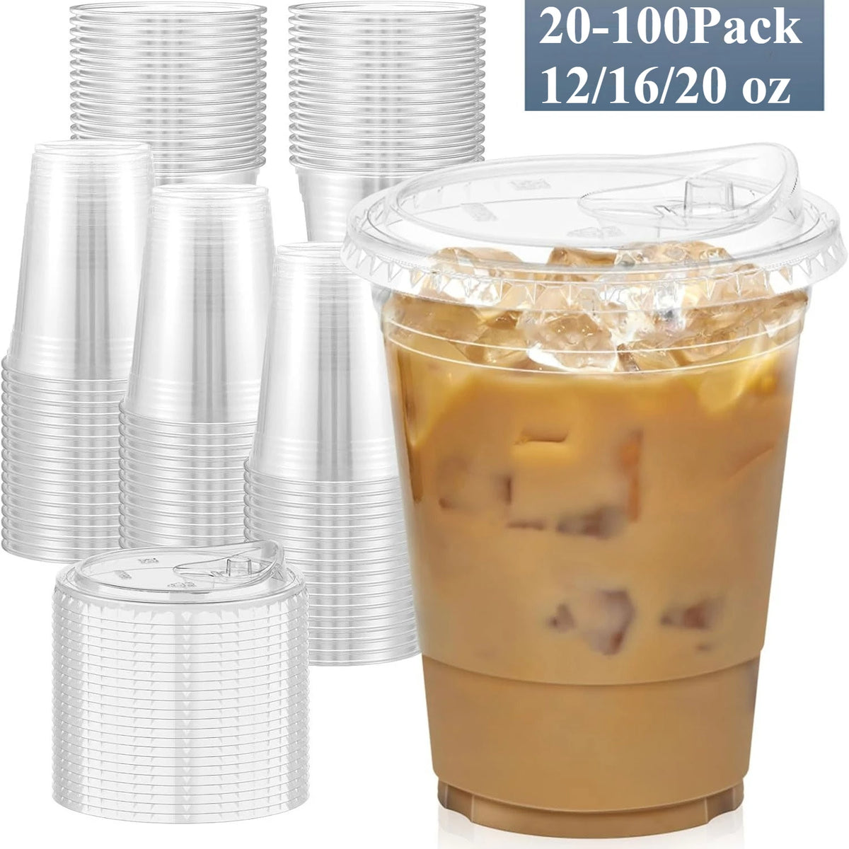 Clear plastic cups with sip lids and ice containing a beverage