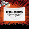 A white banner featuring the black text POLARIS Racing and a star logo, set against an orange background with radiating lines
