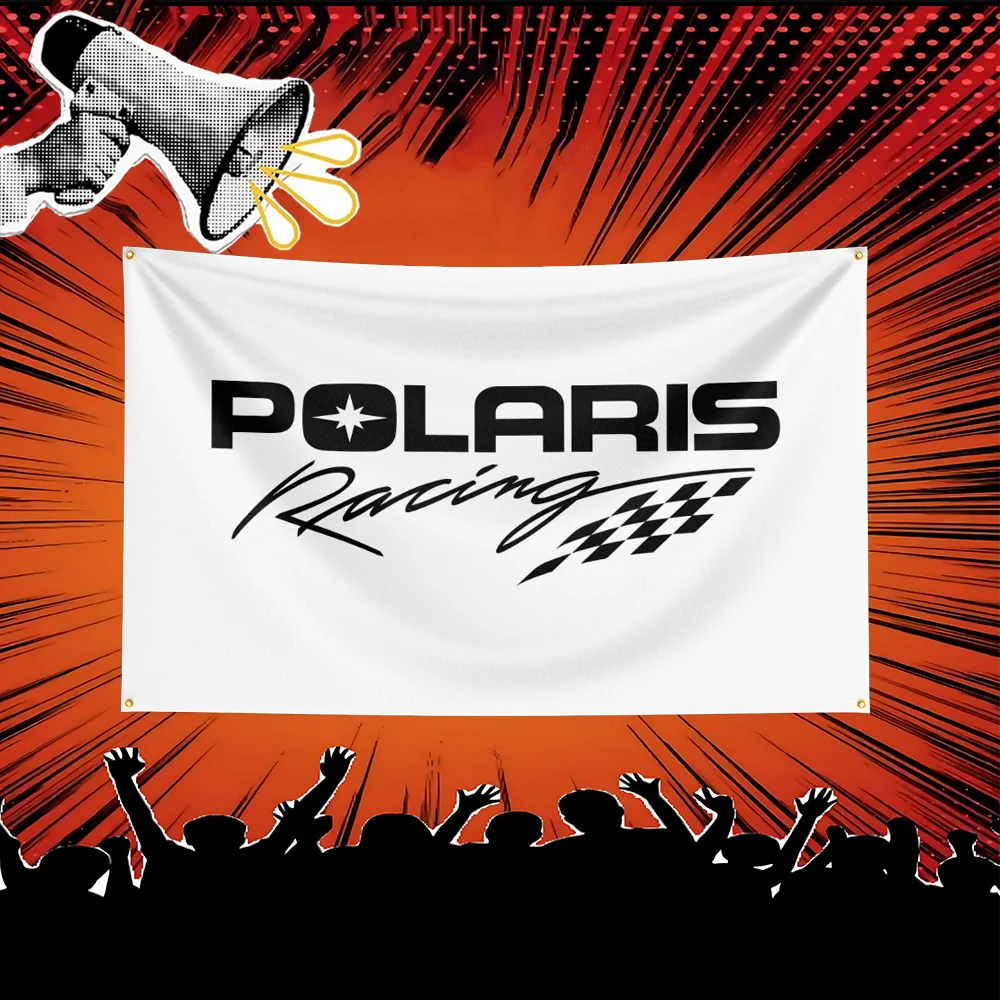 A white banner featuring the black text POLARIS Racing and a star logo, set against an orange background with radiating lines