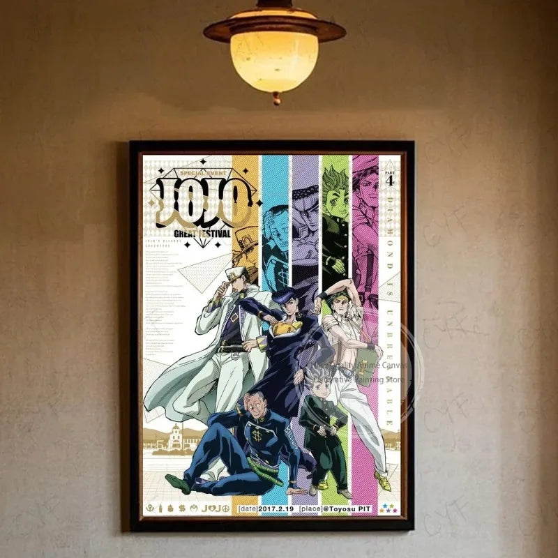 A vertical poster featuring characters from JoJo's Bizarre Adventure in vibrant colors and stylized artwork.