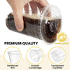 A hand is holding a clear plastic cup with a lid and straw, demonstrating its leak-proof design and premium quality features.