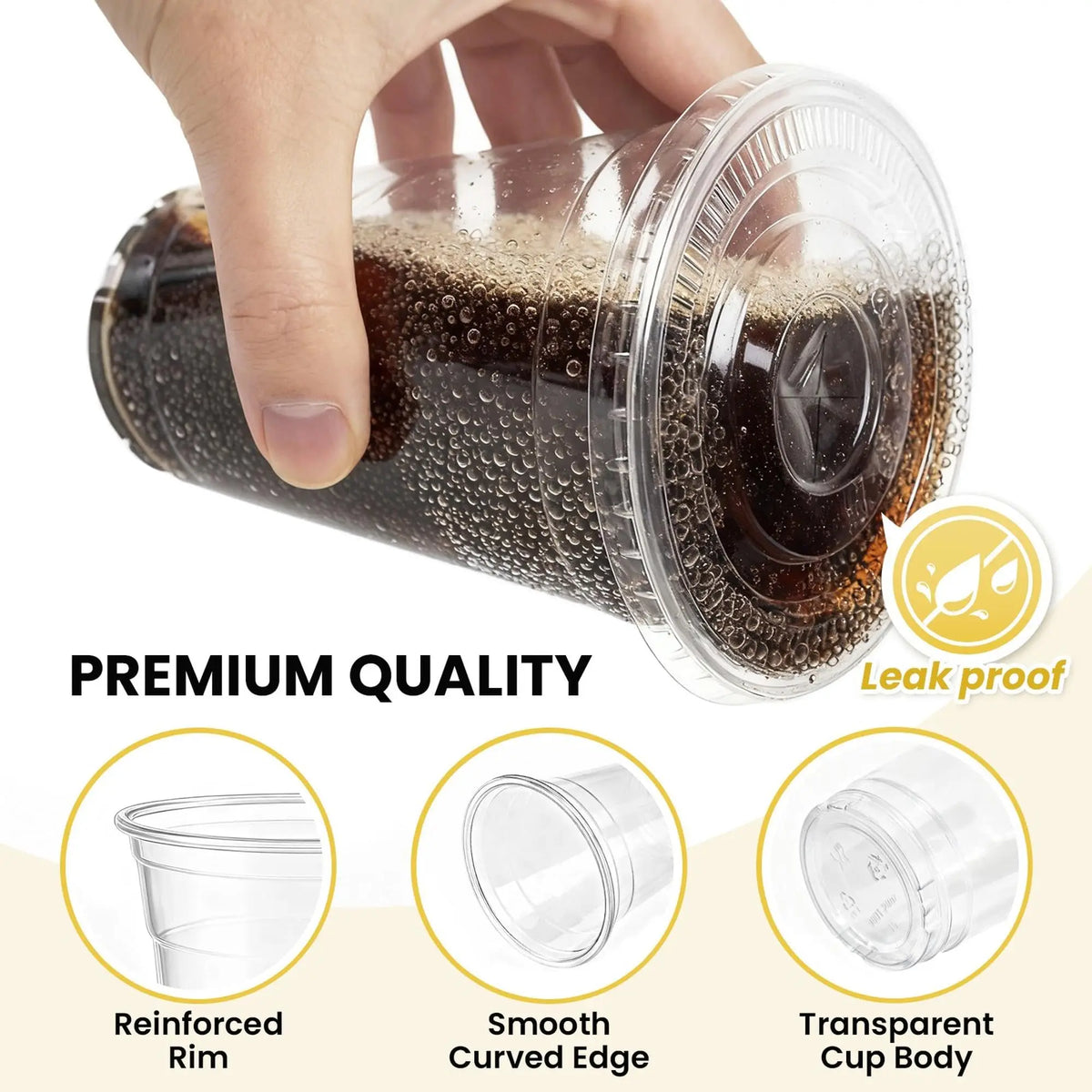 A hand is holding a clear plastic cup with a lid and straw, demonstrating its leak-proof design and premium quality features.