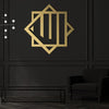 Gold metal wall art featuring a geometric design resembling vertical stripes within a diamond shape.