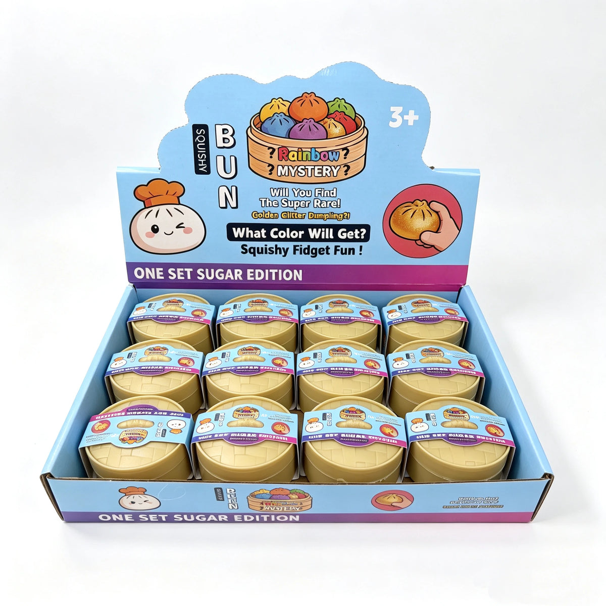 A box of one set sugar edition colorful simulated dumpling squishy toys with a rainbow mystery theme.