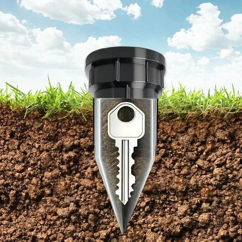 A silver key shape is embedded in dark soil with green grass surrounding it.