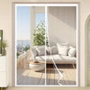 A magnetic automatic screen door curtain is shown in a light beige tone, partially covering a glass door with vertical slats.