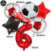 Un set de six ballons de football rouges et noirs, incluant un ballon, une chaussure et un ballon numérique.
