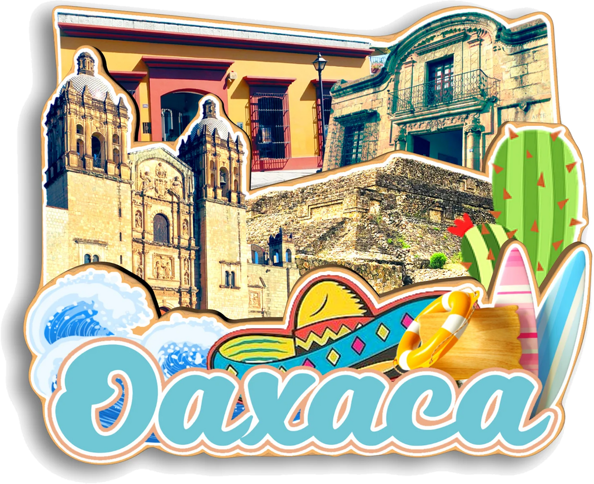 A colorful illustration featuring historical architecture and a cactus, with the text Oaxaca.