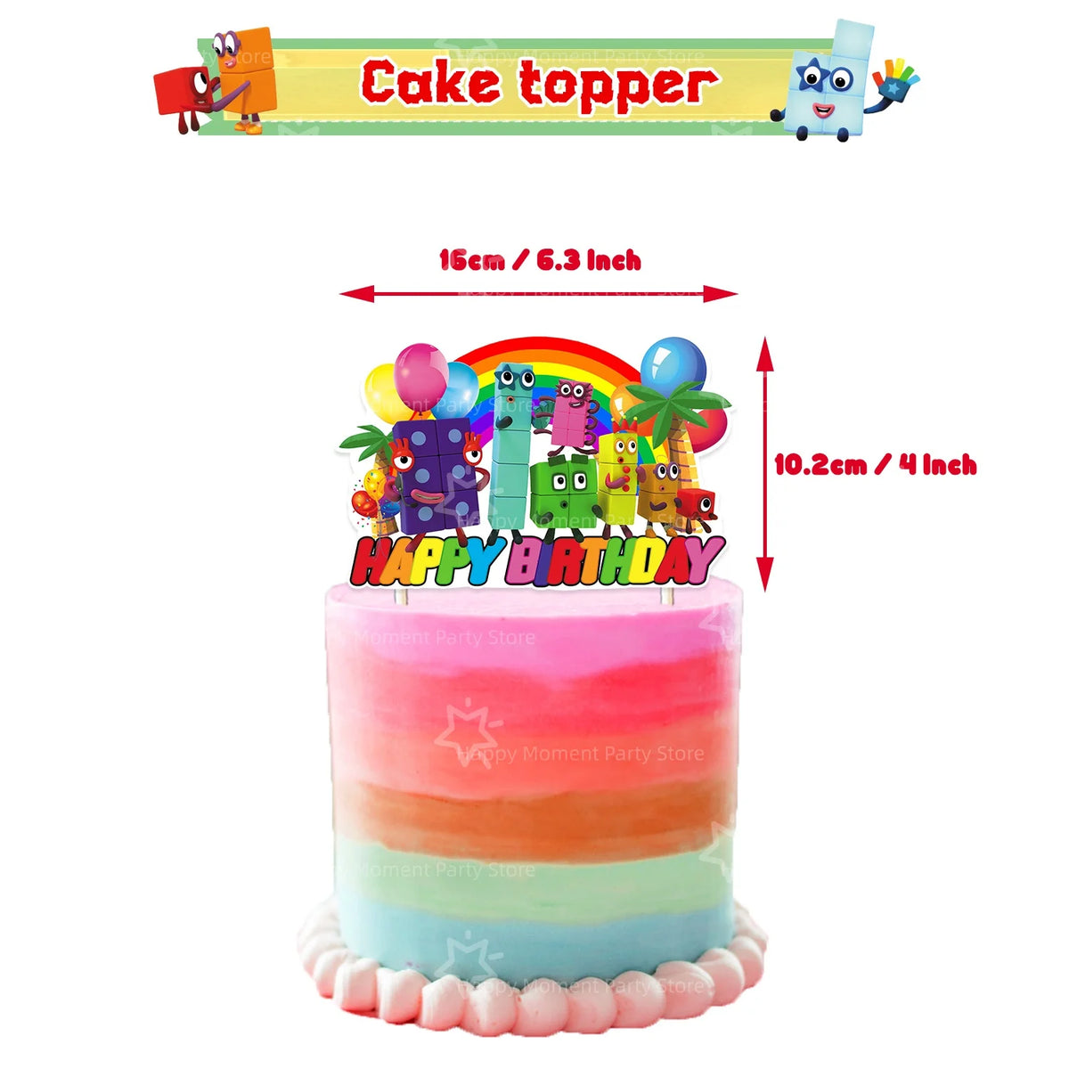 A colorful layered cake topper featuring building block characters and a rainbow design on a pink cake.