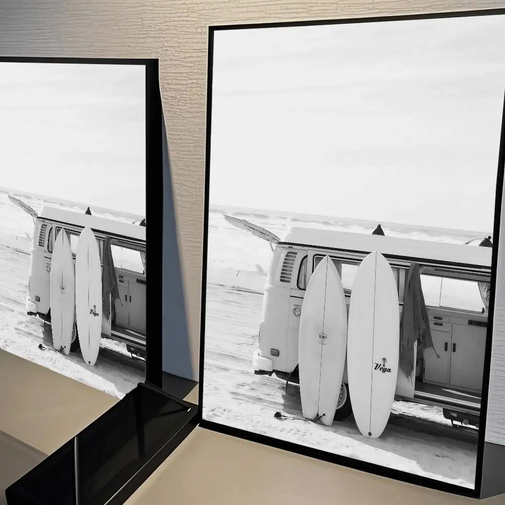 A black and white landscape poster featuring a palm tree beach scene.