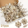 A bouquet of artificial silver and beige berries and flowers displayed in a brown box.