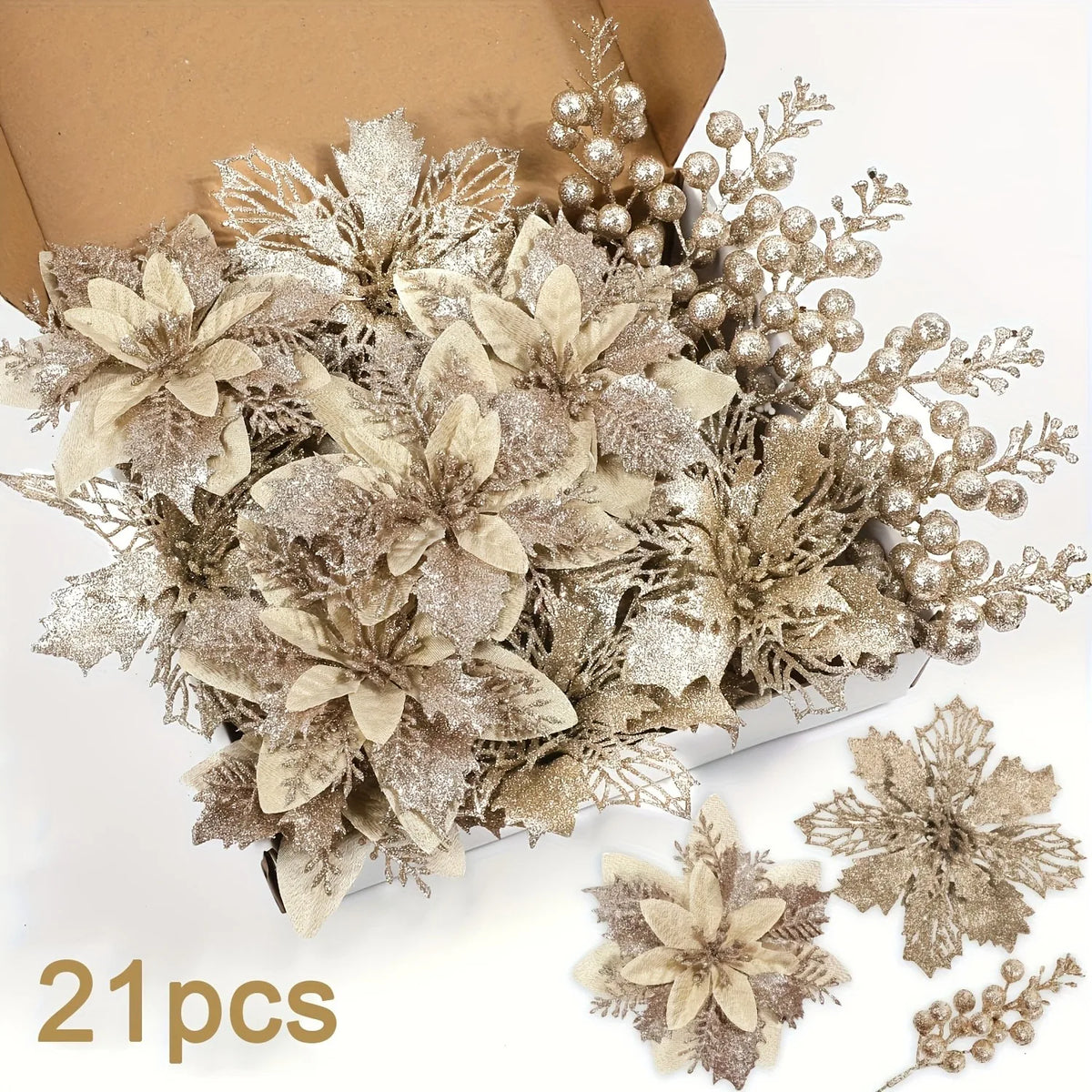 A bouquet of artificial silver and beige berries and flowers displayed in a brown box.