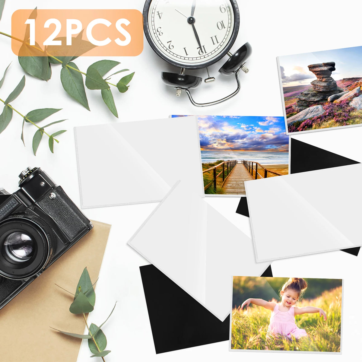 A collection of 12 magnetic picture frames, including a vintage clock and a photograph of a child in a field.