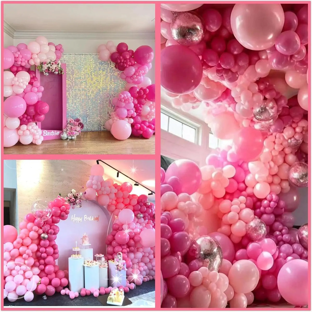 A vibrant pink and metallic balloon garland decoration for a party backdrop.