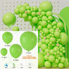 Große Anordnung von hellgrünen Ballons in einer vertikalen Girlande, mit einzelnen Ballons und Verpackung sichtbar.