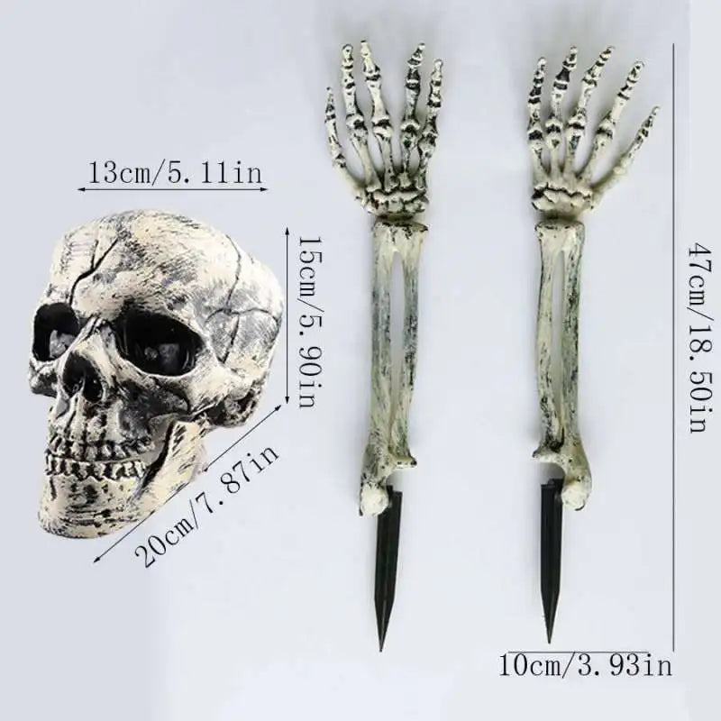 A pair of realistic skeleton arm stakes, measuring 13cm long and featuring detailed skeletal hands and wrists.