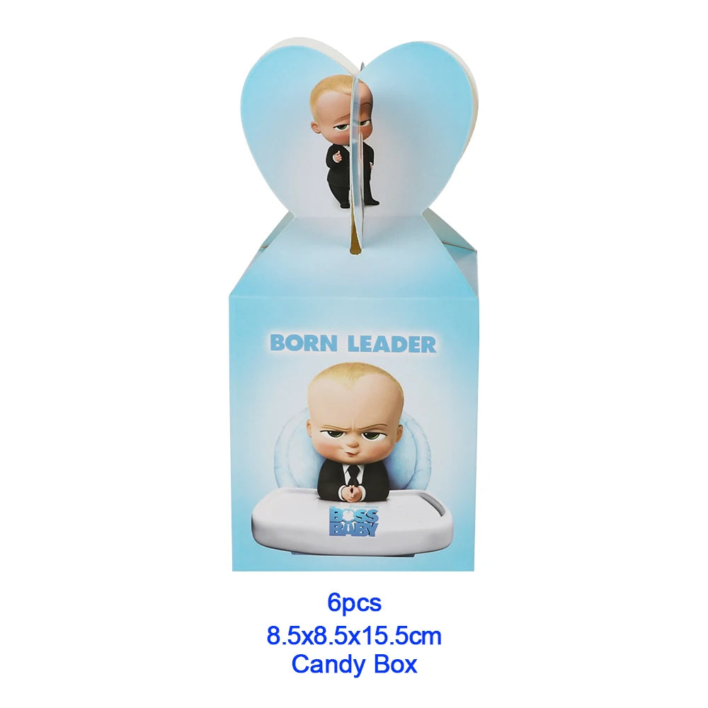 A box containing six baby boss themed party decorations and disposable tableware set with a figure of a baby leader