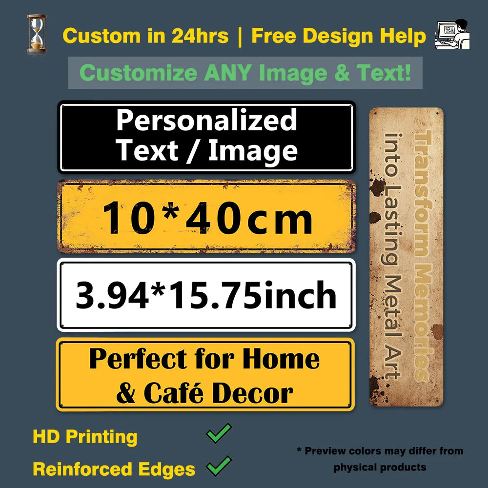 A rectangular vintage metal art sign showing dimensions and features for custom printing.