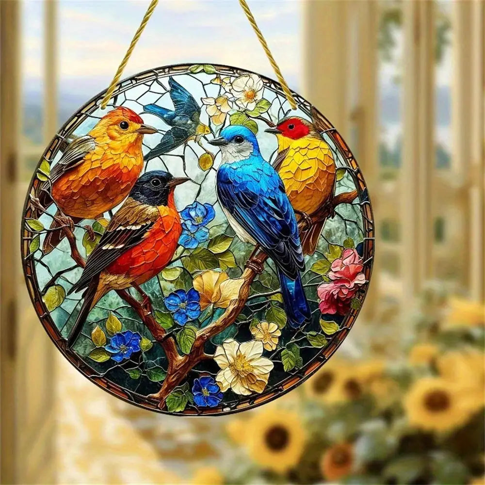 A circular acrylic hummingbird suncatcher featuring colorful birds perched on branches against a floral background.