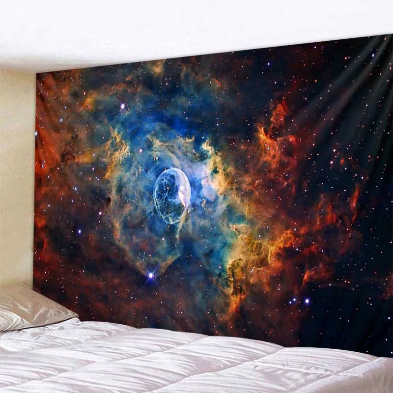 A dark tapestry depicting a vibrant nebula with a glowing planet against a starry night sky.