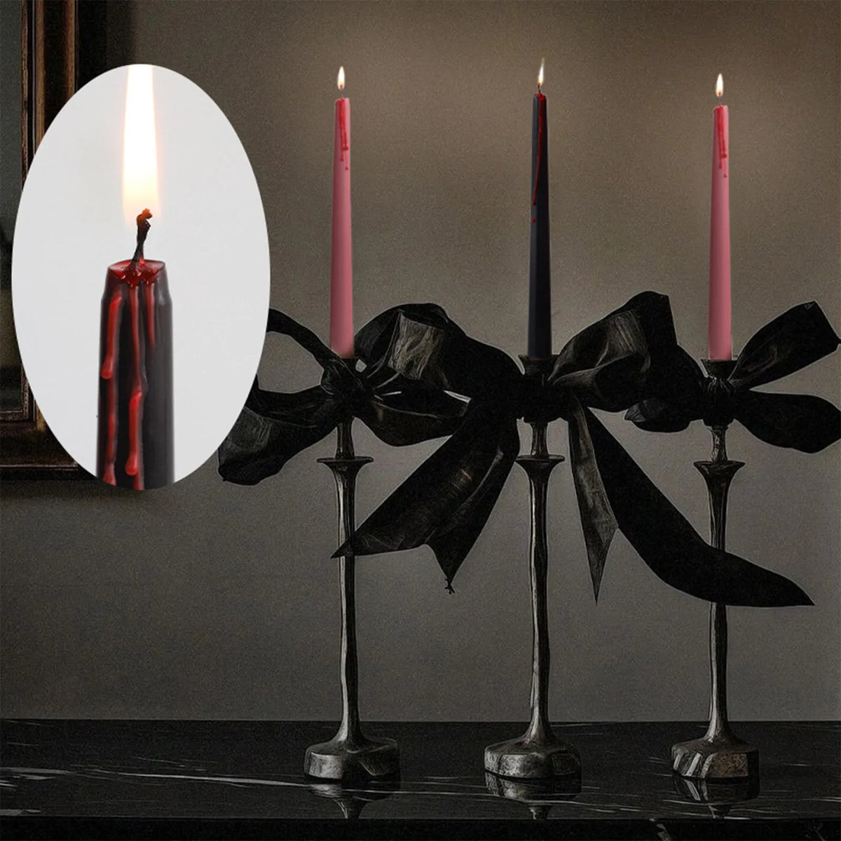 Set of four gothic vampire tears taper candles with dripping blood effect displayed on a dark surface.
