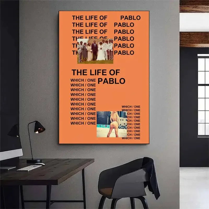 Orange canvas wall art featuring text about Pablo and a figure in the foreground