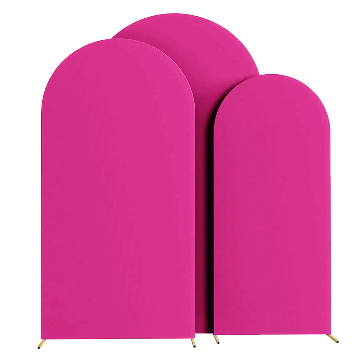 Three vibrant magenta arch stands or backdrops for wedding and event decor