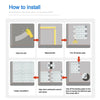 Instructions showing how to install self-adhesive tile stickers on a wall, including cleaning, measuring, trimming, and apply