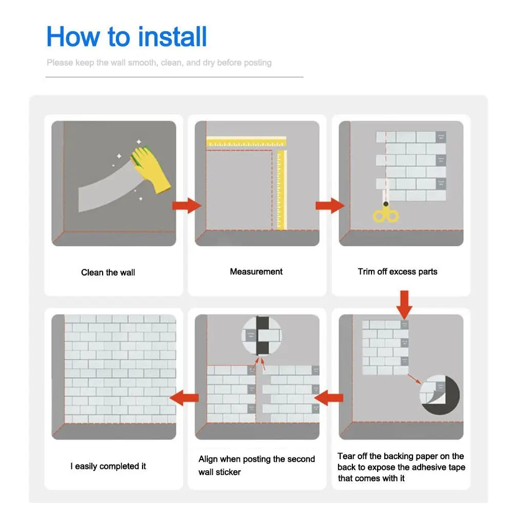 Instructions showing how to install self-adhesive tile stickers on a wall, including cleaning, measuring, trimming, and apply